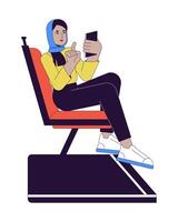 Muslim woman commuter phone scrolling 2D linear cartoon character. Scarf hijab female passenger isolated line vector person white background. Public transport traveler color flat spot illustration