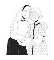 Caucasian elderly mother daughter hugging black and white 2D line cartoon characters. Grandmother granddaughter isolated vector outline people. Comforting support monochromatic flat spot illustration