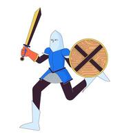 Brave knight running with armor 2D linear cartoon character. Noble medieval warrior attacking isolated line vector person white background. Historical reconstruction club color flat spot illustration