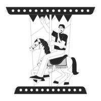 elegante coreano hombre montando caballo carrusel negro y blanco 2d línea dibujos animados personaje. rotonda divertido asiático joven adulto aislado vector contorno persona. entretenimiento monocromo plano Mancha ilustración
