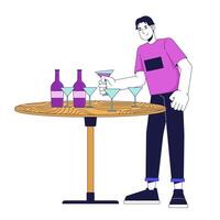 Asian male taking drink at party 2D linear cartoon character. Young man choosing cocktail on table isolated line vector person white background. Holiday treatment color flat spot illustration