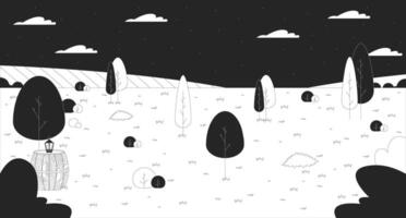 Summer meadow under night sky black and white line illustration. Calm scenery spring. Grassy hill at night 2D scenery monochrome background. Summertime nature stars nightime outline scene vector image