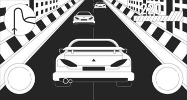 Car racing simulator game 2D linear illustration concept. Videogame controlling interface cartoon scene background. Computer game development metaphor abstract flat vector outline graphic