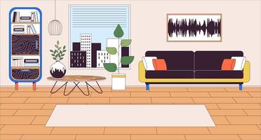 Living room interior line cartoon flat illustration. Comfortable furnished home. Apartment with elegant furniture 2D lineart scenery background. Residential house scene vector color image