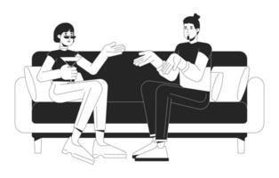 Young couple talking on sofa black and white 2D line cartoon characters. Man and woman chilling at party isolated vector outline people. Comfortable communication monochromatic flat spot illustration