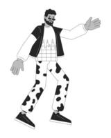 Dancing african american man black and white 2D line cartoon character. Disco party fun. Stylish black guy isolated vector outline person. 80s years clothes monochromatic flat spot illustration