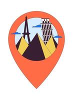 Famous monuments pin location 2D linear cartoon object. Mapping pinpoint historic landmarks isolated line vector element white background. World attractions European color flat spot illustration