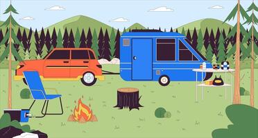 cámping remolque en bosque dibujos animados plano ilustración. terreno de camping viaje 2d línea paisaje vistoso antecedentes. cámping vehículos equipo. solo viaje. bosque camper escena vector cuentacuentos imagen