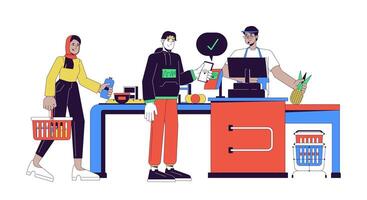 Man NFC contactless paying at checkout 2D linear cartoon characters. Diverse customers cashier isolated line vector people white background. Buying groceries supermarket color flat spot illustration