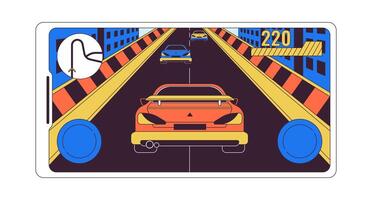 móvil coche carreras juego pantalla 2d lineal dibujos animados objeto. teléfono inteligente monitor videojuego. velocidad carrera en línea aislado línea vector elemento blanco antecedentes. virtual diversión color plano Mancha ilustración