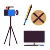 Action movie filming 2D linear cartoon objects set. Historical reconstruction shooting set isolated line vector elements white background. Filmmaking color flat spot illustration collection