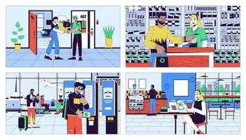 NFC mobile banking cartoon flat illustration set. Scanning qr, transfer money adults diverse 2D line characters colorful backgrounds collection. Contactless payment scenes vector storytelling images