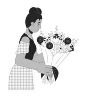 Young black woman getting bouquet black and white 2D line cartoon character. African american female isolated vector outline person. Girlfriend holding flowers monochromatic flat spot illustration