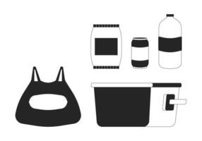 Picnic snacks beverages black and white 2D line cartoon objects set. Camping food and drink isolated vector outline items collection. Beer cooler, plastic bag monochromatic flat spot illustrations