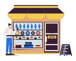 Man drinking coffee in confectionery shop 2D linear cartoon character. Customer male at dessert store isolated line vector person white background. small business service color flat spot illustration