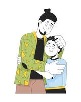 Single father young boy embracing 2D linear cartoon characters. Smiling caucasian dad stroking child head isolated line vector people white background. Comforting support color flat spot illustration