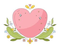 Heart spring decorated 2D linear cartoon object. Springtime decor. Heart flowers plants frame isolated line vector element white background. Tranquility floral summertime color flat spot illustration