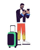 Luggage traveler man scrolling phone 2D linear cartoon character. African american guy isolated line vector person white background. Suitcase tourist man ready vacation color flat spot illustration