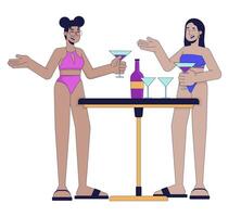 Women in swimsuits enjoying cocktails 2D linear cartoon characters. Female friends at pool party isolated line vector people white background. Beach bar guests color flat spot illustration