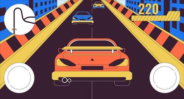 Car racing simulator game 2D linear illustration concept. Videogame controlling interface cartoon scene background. Computer game development metaphor abstract flat vector outline graphic