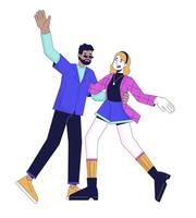 contento Pareja bailando 2d lineal dibujos animados caracteres. novio y Novia teniendo divertido a fiesta aislado línea vector personas blanco antecedentes. romántico fecha atmósfera color plano Mancha ilustración