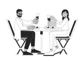 casado Pareja comiendo cena negro y blanco 2d línea dibujos animados caracteres. amantes Bebiendo vino juntos aislado vector contorno gente. Fechado heterosexual monocromo plano Mancha ilustración