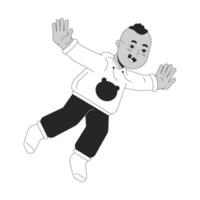 contento infantil lanzar en aire negro y blanco 2d línea dibujos animados personaje. medio oriental bebé chico aislado vector contorno persona. riendo niñito brazos extendido monocromo plano Mancha ilustración