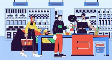 Wireless paying at grocery cartoon flat illustration. NFC phone customer cashier supermarket diverse 2D line characters colorful background. Checkout line terminal scene vector storytelling image