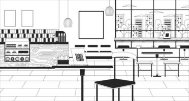 Coffee shop interior with qr code stand black and white line illustration. Cafe counter bakery. QR menu table 2D interior monochrome background. Furniture coffeeshop wall outline scene vector image