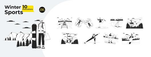 Winter Sports Activities Monochrome Cartoon Flat Illustration Bundle vector