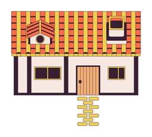 rural casa con pavimentado la carretera 2d lineal dibujos animados objeto. ordenado cabaña edificio en antiguo pueblo aislado línea vector elemento blanco antecedentes. videojuego diseño desarrollo color plano Mancha ilustración