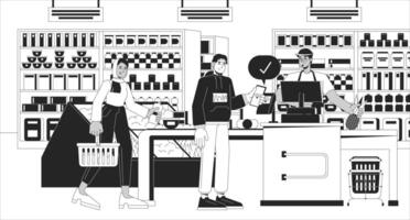 Wireless paying at grocery black and white line illustration. NFC phone customer cashier supermarket diverse 2D characters monochrome background. Checkout line terminal outline scene vector image