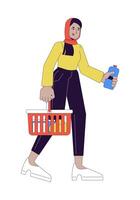 musulmán hijab mujer con compras cesta 2d lineal dibujos animados personaje. comestibles comprando hembra árabe aislado línea vector persona blanco antecedentes. participación agua botella color plano Mancha ilustración