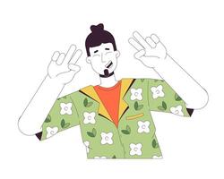 Caucasian man peace fingers 2D linear cartoon character. Solo traveler european guy isolated line vector person white background. Male tourist vacationer posing color flat spot illustration