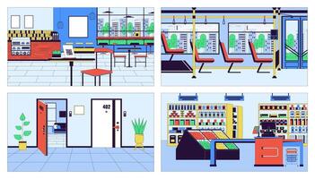 Public space interior cartoon flat illustration set. Coffee shop, checkout supermarket 2D line interiors colorful backgrounds collection. Hallway doors, bus seats scenes vector storytelling images