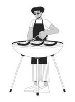 latín americano hombre Cocinando parrilla negro y blanco 2d línea dibujos animados personaje. chico interrogatorio intenso salchichas en brasero aislado vector contorno persona. comida al aire libre fiesta monocromo plano Mancha ilustración