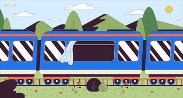 tren montando mediante lozano césped montañas dibujos animados plano ilustración. ferrocarril verano 2d línea paisaje vistoso antecedentes. de viaje campo. ferrocarril primavera día escena vector cuentacuentos imagen