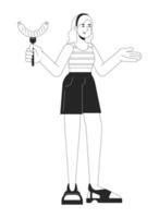 White woman with grilled sausage black and white 2D line cartoon character. Bbq meal. Caucasian female at barbeque isolated vector outline person. Outdoor party monochromatic flat spot illustration