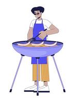 latín americano hombre Cocinando parrilla 2d lineal dibujos animados personaje. chico interrogatorio intenso salchichas en brasero aislado línea vector persona blanco antecedentes. comida al aire libre fiesta color plano Mancha ilustración