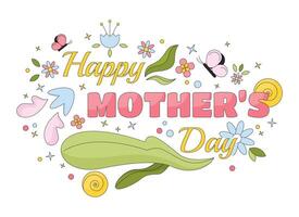 Happy mother day 2D linear illustration concept. Second Sunday of May spring ornament cartoon greeting text isolated on white. Springtime flowers inscription card abstract flat vector outline graphic