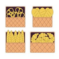 Bakery products 2D linear cartoon objects set. Small food business. Pastry assortment in baskets isolated line vector elements white background. Bread and buns color flat spot illustration collection