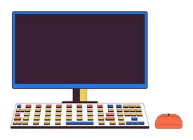 Computer with empty monitor 2D linear cartoon object. Office pc workstation isolated line vector element white background. Business and entertainment device color flat spot illustration