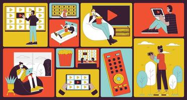 On-Demand Online Entertainment Bento Grid Illustration Set vector