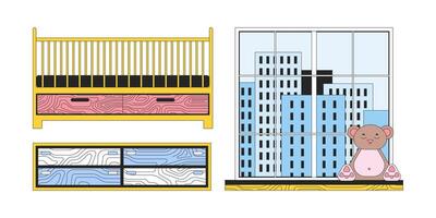 Nursery furniture 2D linear cartoon objects set. Dresser, bear plush windowsill, crib bed isolated line vector elements white background. Children bedroom color flat spot illustration collection