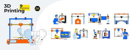 3d Printing Technology Line Cartoon Flat Illustration Bundle vector