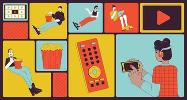 Millennials Relaxing With Streaming Platform Bento Grid Illustration Set vector