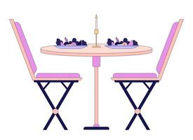 Romantic dinner table chairs 2D linear cartoon object. Restaurant meal plates by candlelight isolated line vector element white background. Date night. Candle light dinner color flat spot illustration
