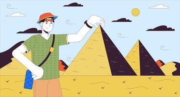 Egypt pyramids sightseeing cartoon flat illustration. Holiday tourist asian man 2D line character colorful background. Korean male traveler posing holding pyramid scene vector storytelling image