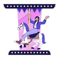 Young Adult Woman Riding Horse Carousel Linear Cartoon Character vector