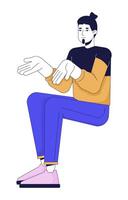 Young man shrugging 2D linear cartoon character. Rest posture. Sitting caucasian male isolated line vector person white background. Taking part in conversation guy color flat spot illustration